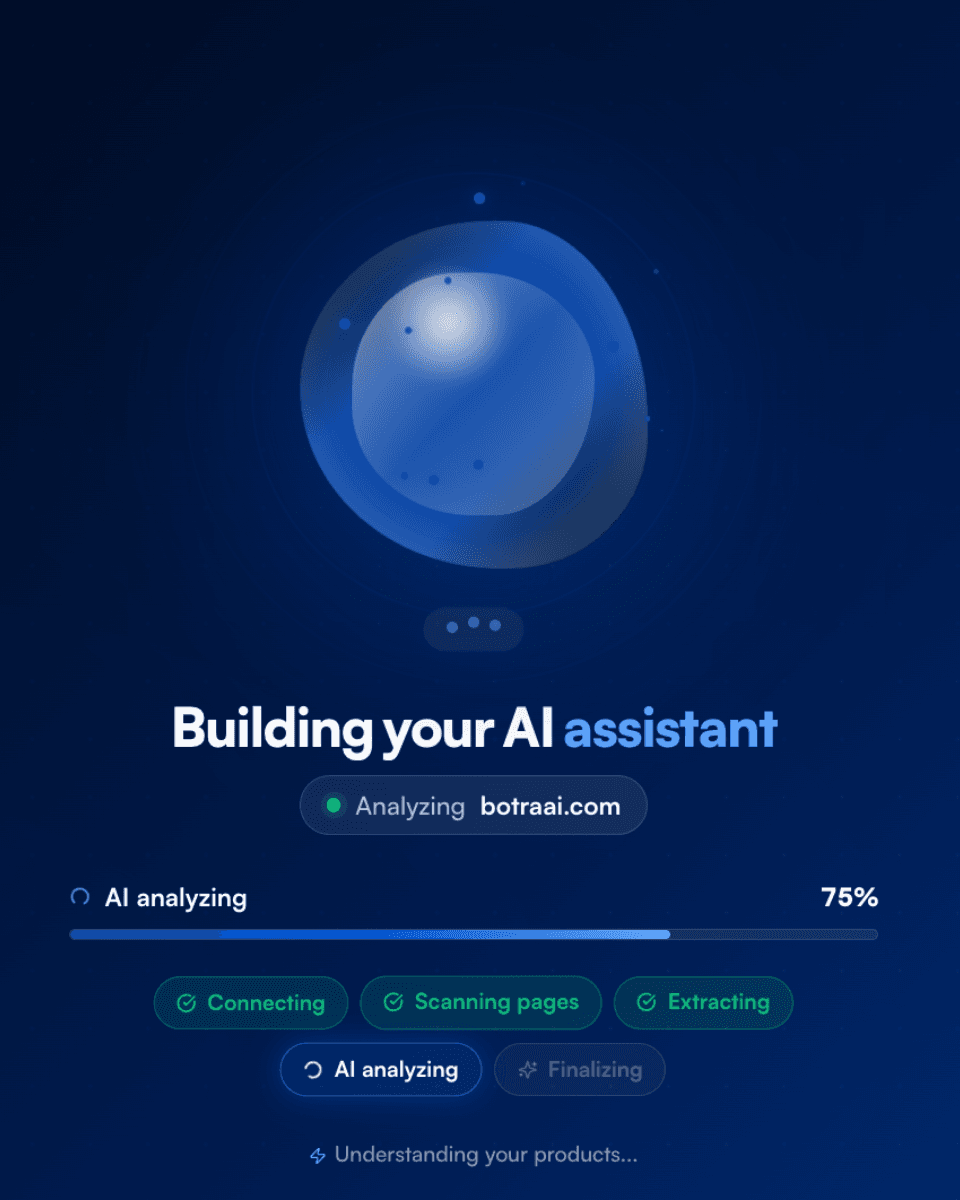 A training screen showing connecting, scanning pages and extracting complete while the AI analyses the site.