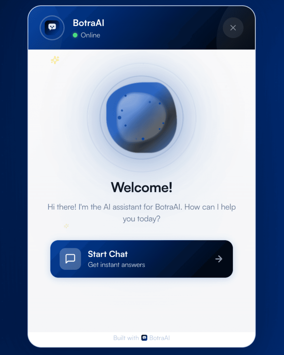 The finished chat widget live on a site, online and greeting a visitor with a Start Chat button.