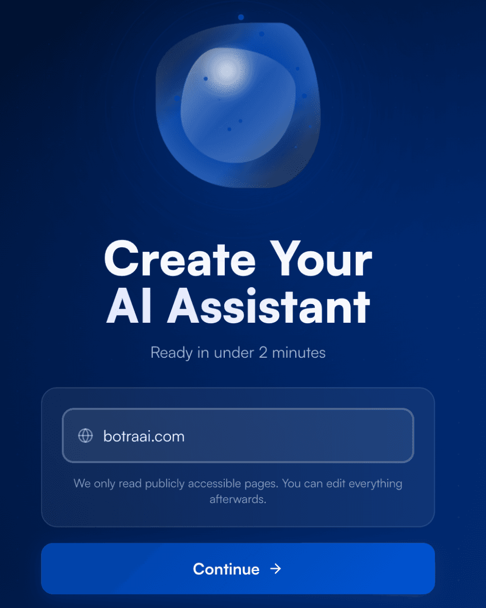 The BotraAI create screen with a single field for your website address and a Continue button.